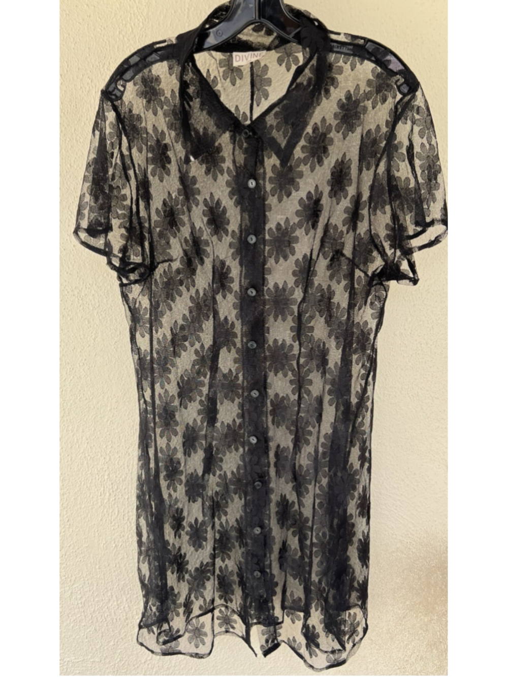 VTG Divine USA Sheer Floral Mesh Button Front Collar Shirt L Dark Coquette Goth